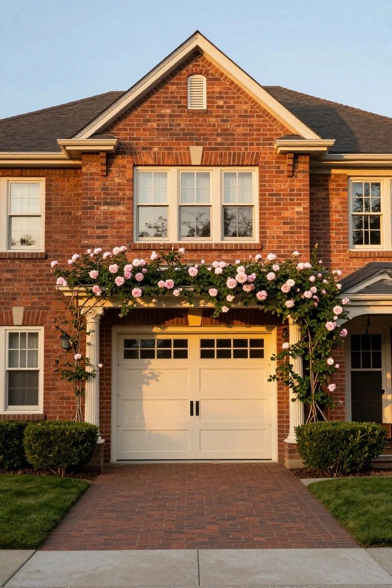 A brick house exterior featuring a centered garage door under an archway covered in pink climbing roses supported by brick pillars, with a brick pathway leading to it and shrubs on either side.