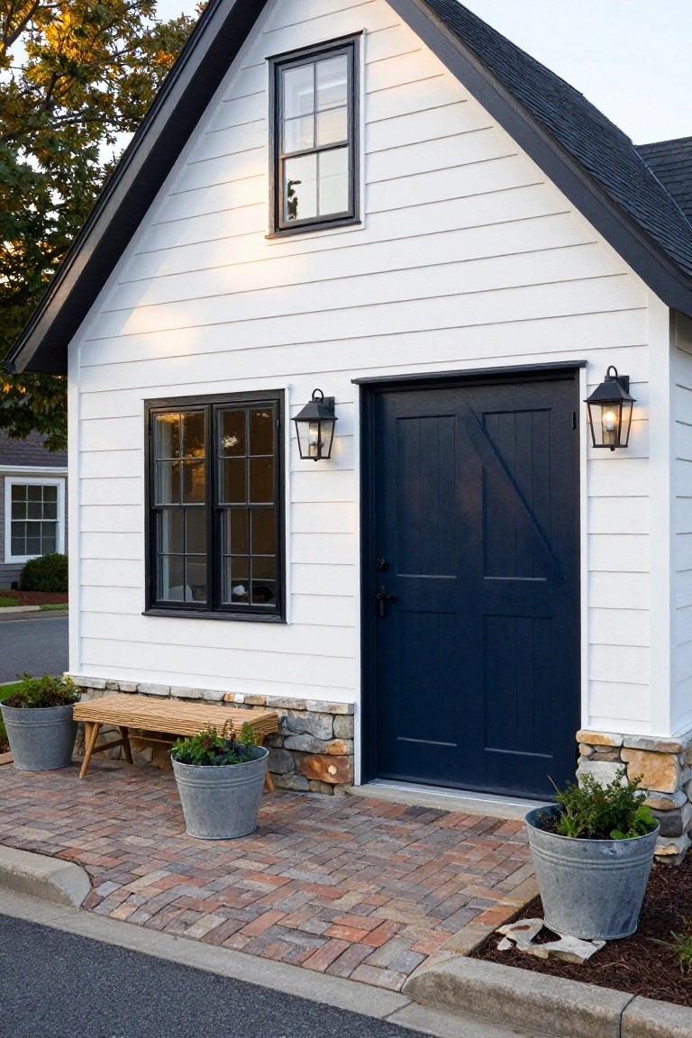 Charming white house with dark blue door, brick patio, and potted plants.