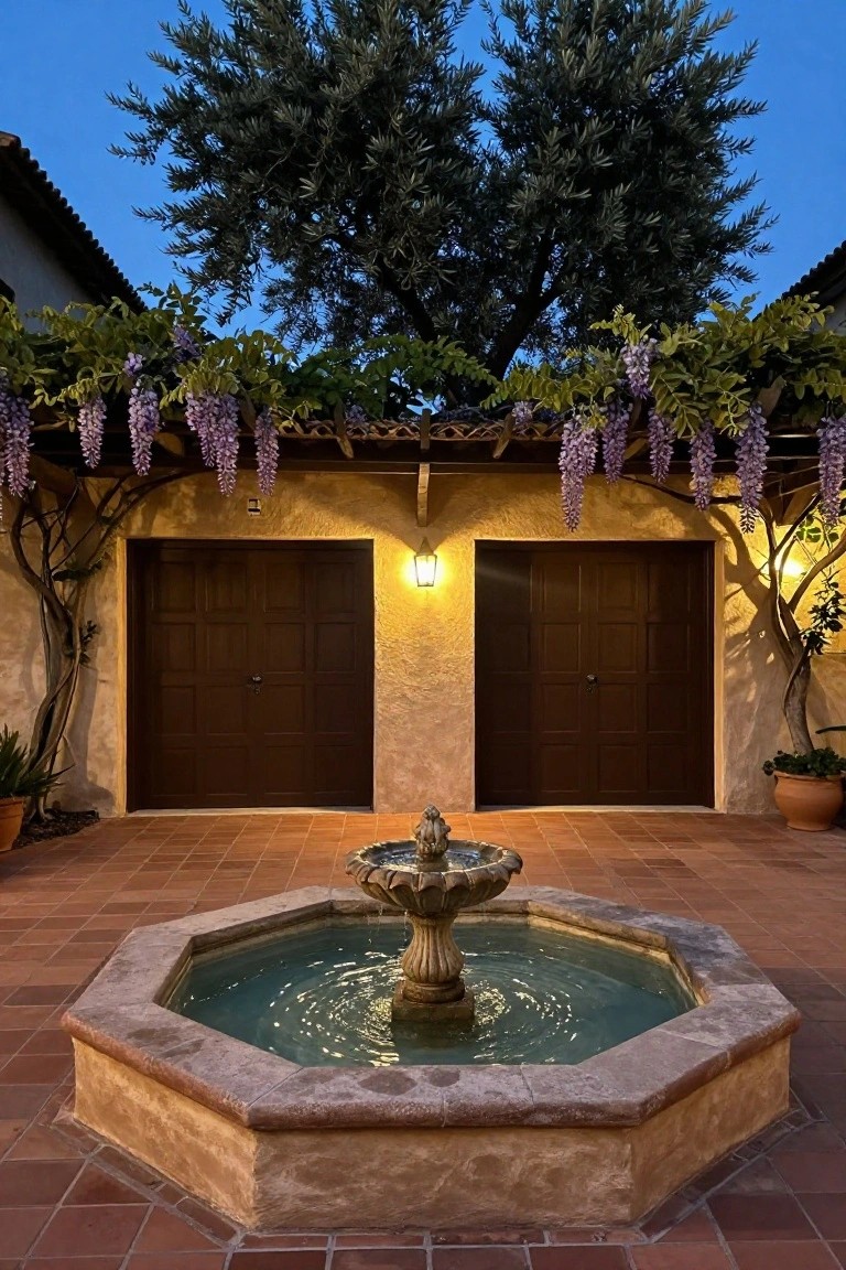 Octagonal stone fountain with water in terracotta tiled courtyard in front of paired brown wooden garage doors beneath vine covered pergola with side lanterns and plants at dusk.