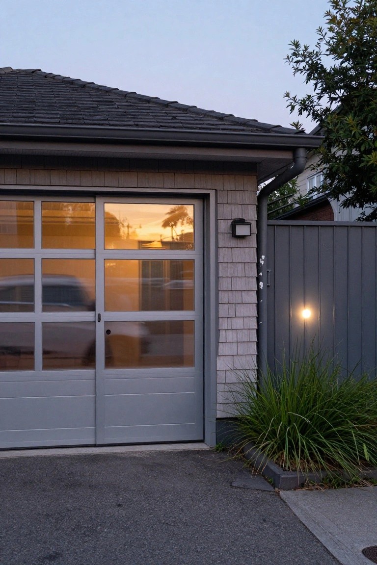 Gray garage door with windows reflecting sunset beside a lit metal gate.
