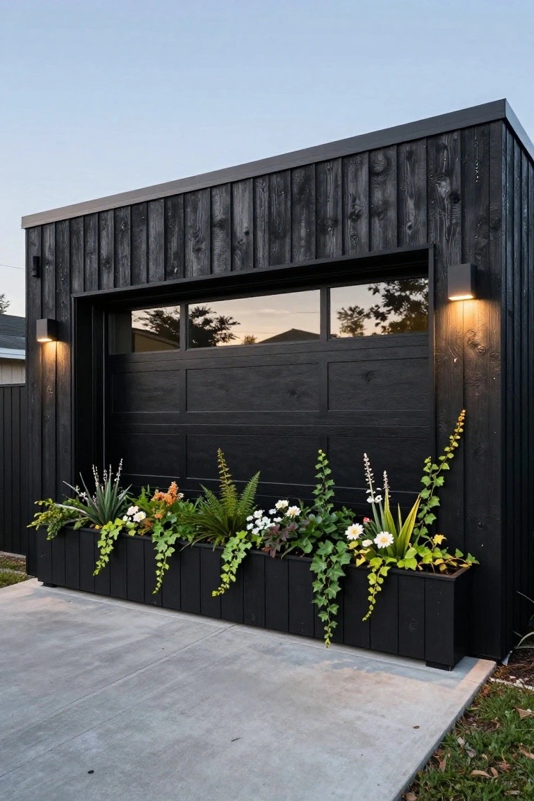 Black wood garage facade with large glass overhead door, wall-mounted lights on each side, and long black planter trough filled with succulents, ferns, and flowers along the base on a concrete driveway.