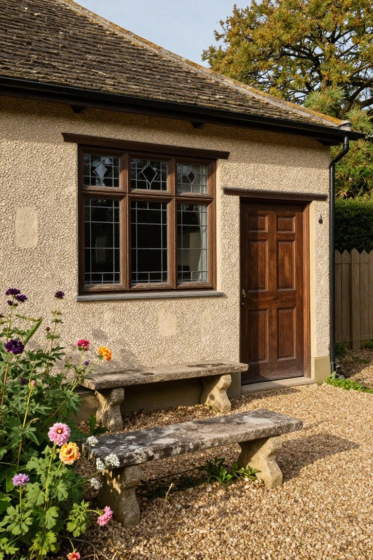 Stone cottage with wooden door, windows, and garden benches.