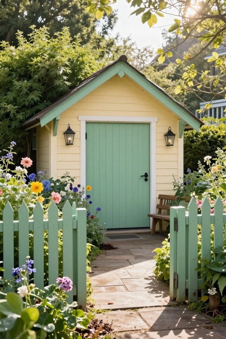 Small yellow gabled shed with green front door and white trim, flanked by lanterns, enclosed by green picket fence with flowers, bench, and stone pathway.