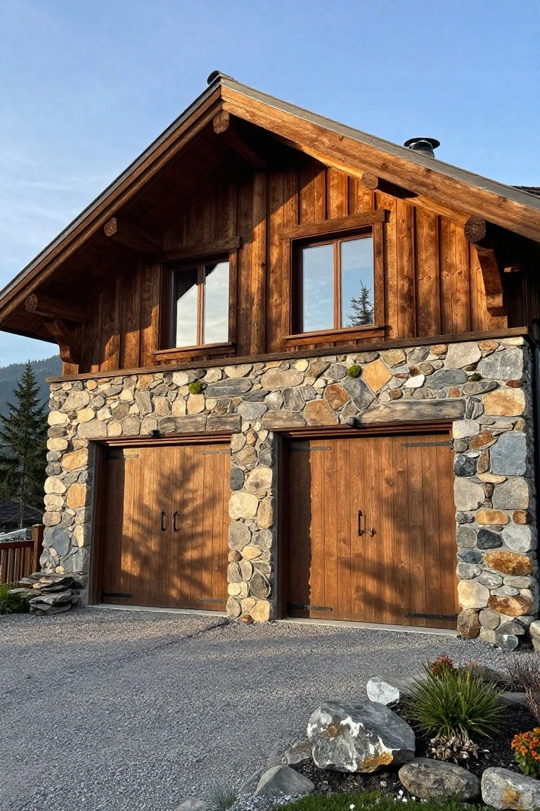 Chalet-style house exterior with double wooden garage doors set into natural stone walls at the base, wooden siding and pitched roof above, gravel driveway, and small rock plantings.