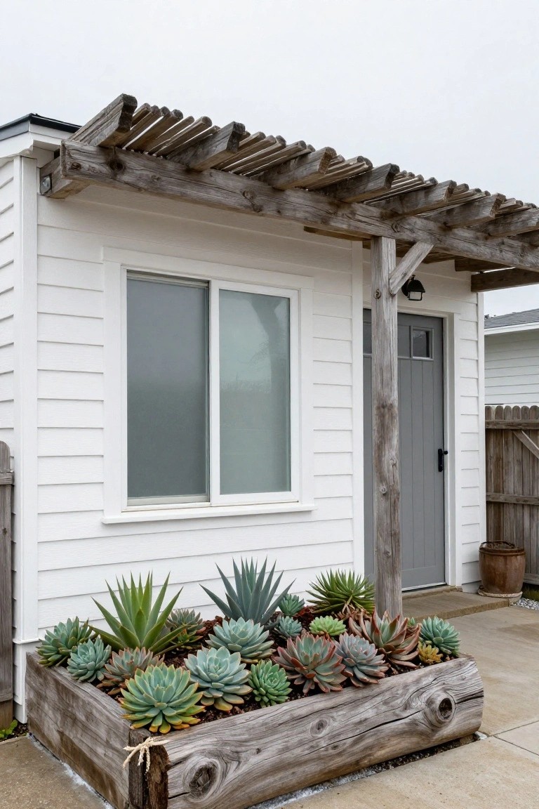 White clapboard garage with gray entry door under wooden pergola, large wooden planter box filled with assorted succulents including agaves and echeverias next to the door.