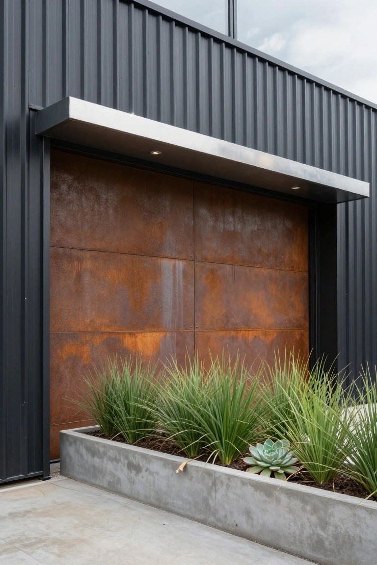 Garage exterior with black corrugated metal siding, large paneled corten steel door, metal canopy with under-lighting, and concrete planter box containing grasses and succulents next to pavement.