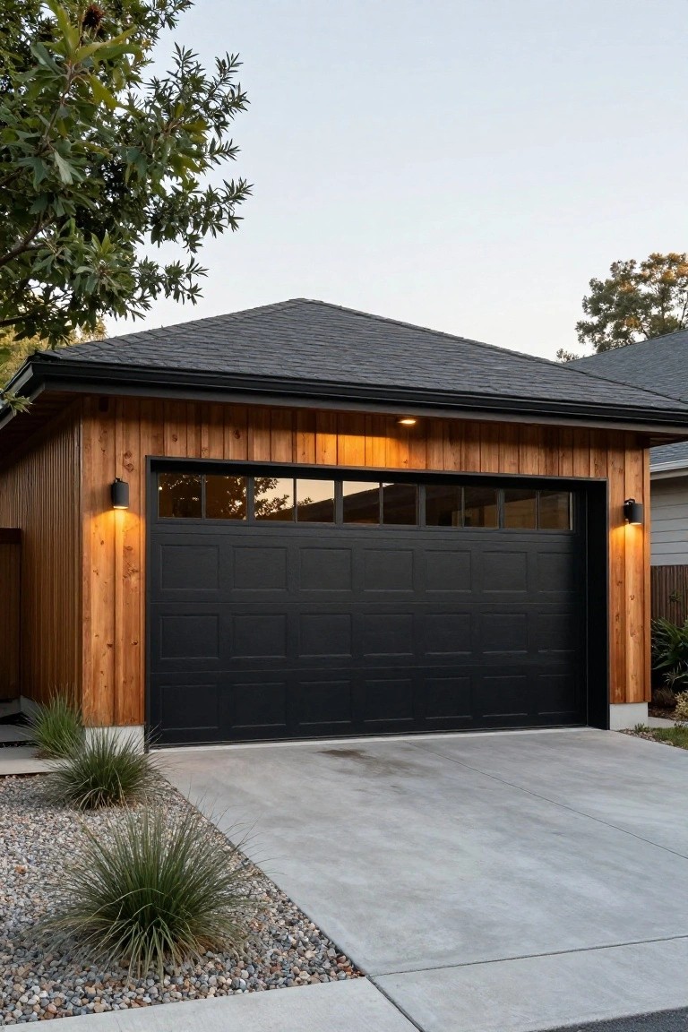 A detached garage with vertical cedar wood siding, black multi-pane garage door, wall-mounted lights, gabled dark shingle roof, gravel and grass landscaping on a concrete apron, trees in the background at dusk.