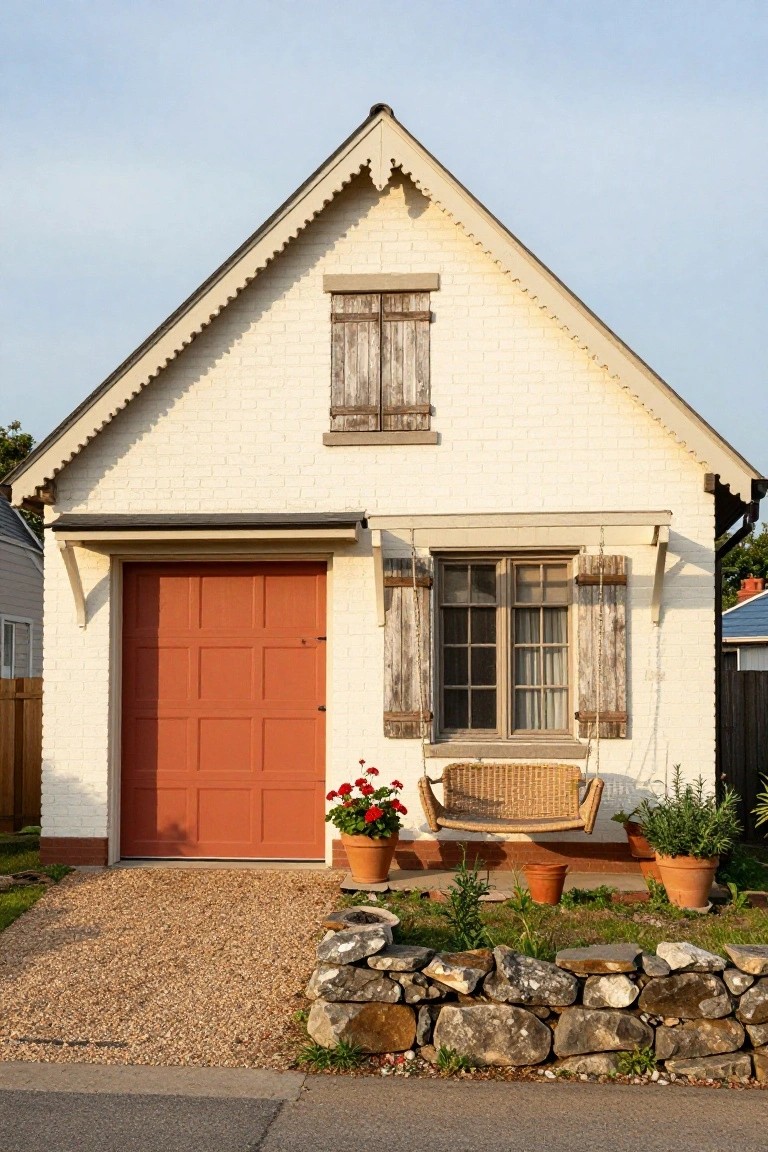 Small garage with creamy white siding, red door, rattan swing, and potted plants by a stone wall