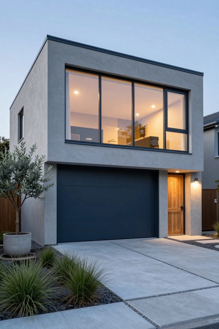 Modern cube-style home with gray stucco exterior, deep navy garage door, and wooden entry door on a driveway at dusk