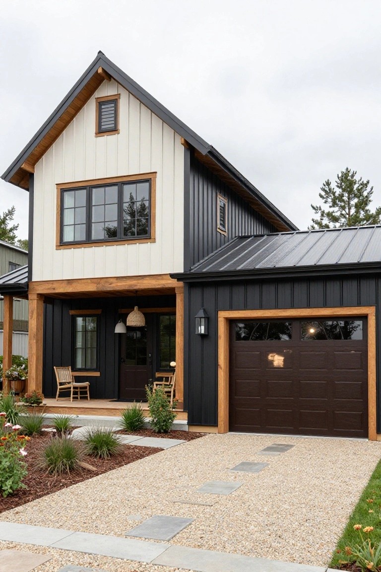 Modern farmhouse exterior featuring a deep black garage door with dark trim accents against white shiplap siding and wood elements