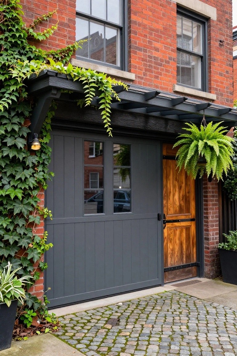Deep charcoal gray garage door on brick house with ivy, wooden side door, hanging fern, and potted plants on cobblestone path