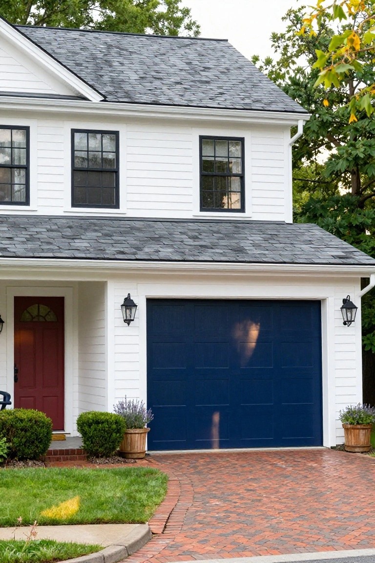 Deep navy blue garage door on white house with red front door, black lanterns, and brick driveway