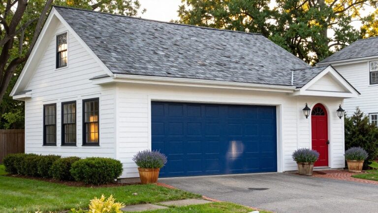 Deep navy blue garage door on white house with red front door, black lanterns, and brick driveway