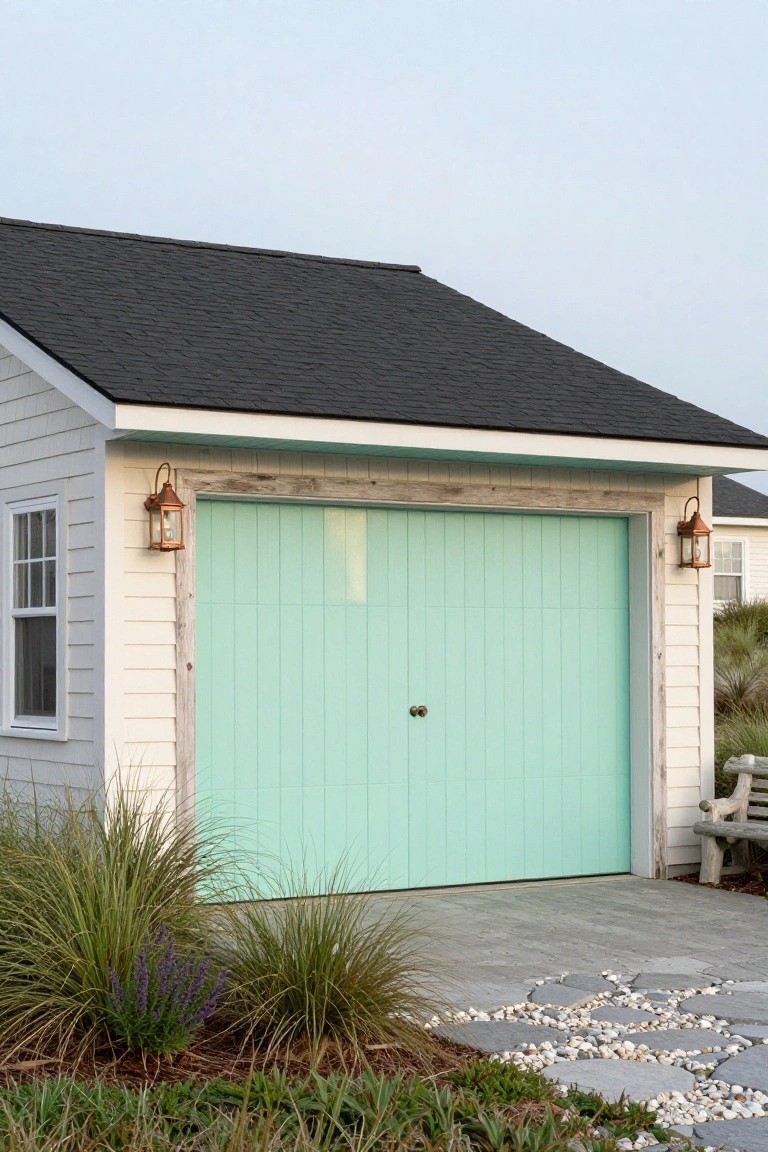 Coastal garage with mint green door, white shiplap siding, lantern lights, and beach grass landscaping