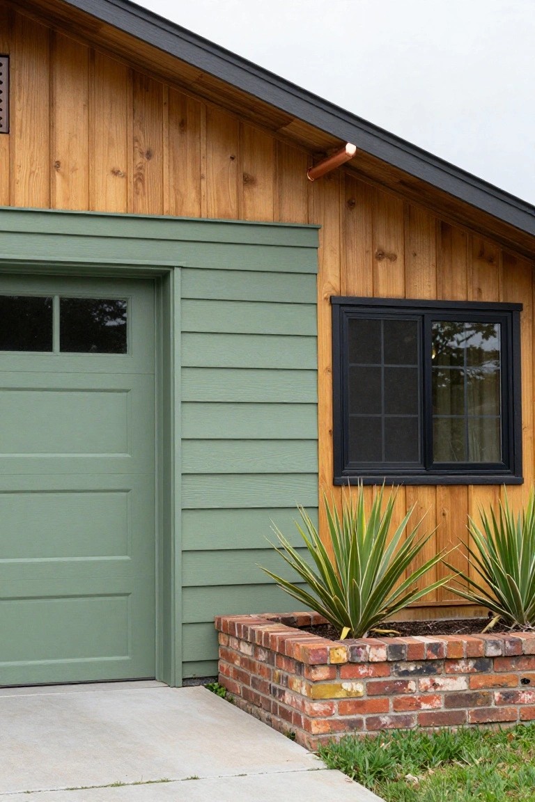 Garage door in muted sage green paint beside wooden siding and brick planter with agave plants