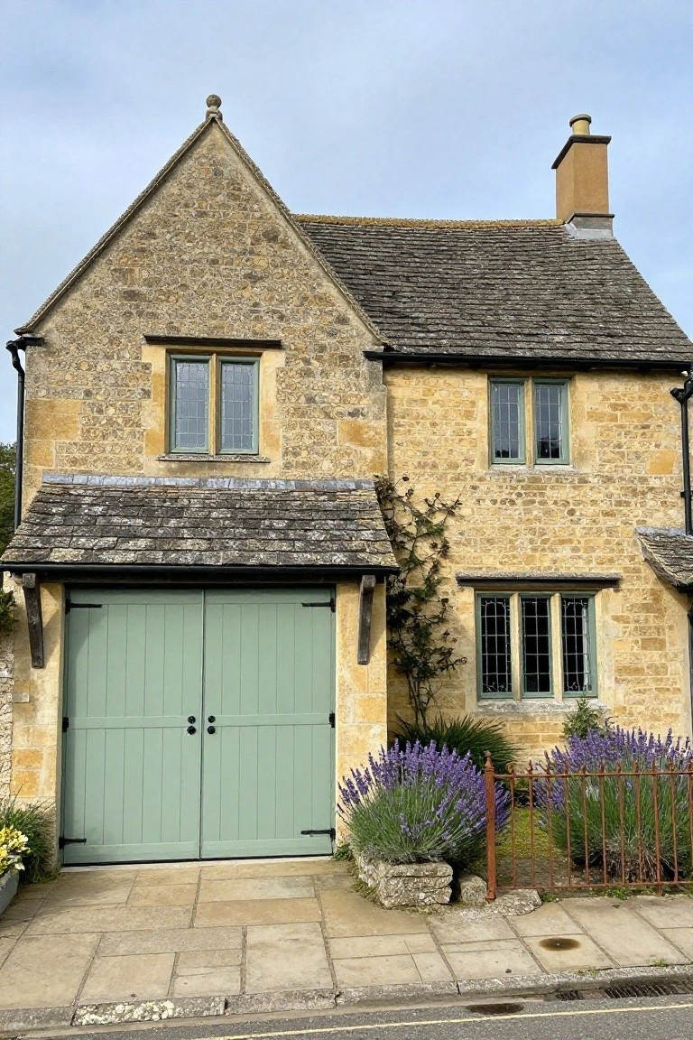 Stone cottage garage with double doors in soft sage green paint, next to lavender garden bed