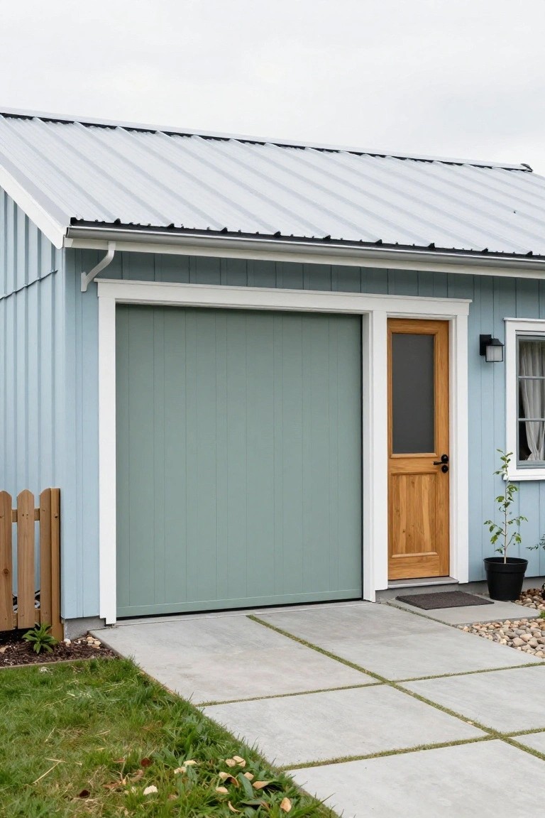 Garage with soft teal blue-green door, light blue siding, white trim, and wooden entry door on a concrete driveway