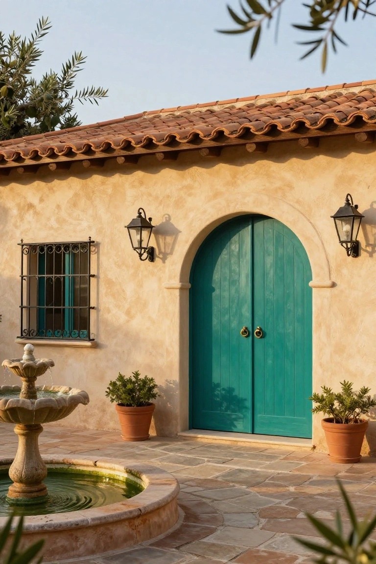 Stucco exterior with vibrant turquoise arched door, wrought iron window, lanterns, potted plants, and stone fountain on tiled courtyard