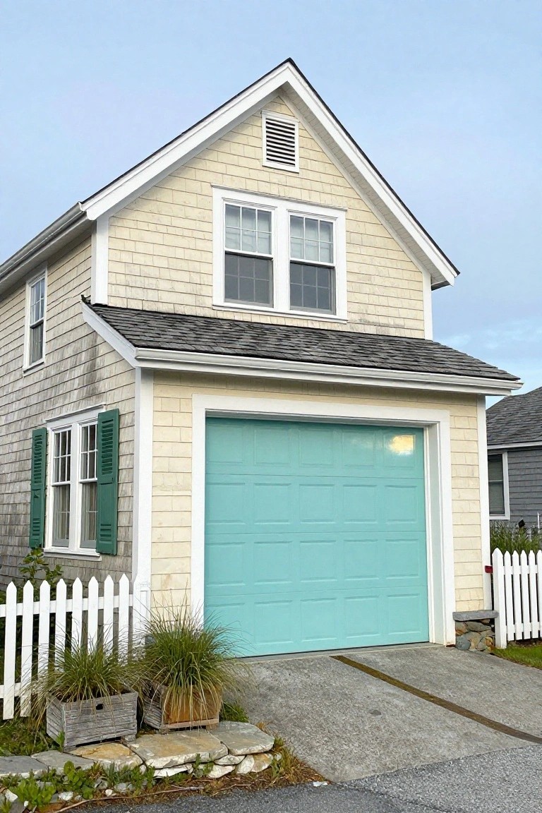 Light beige shingle house with turquoise garage door, green shutters, and white trim under a cloudy sky