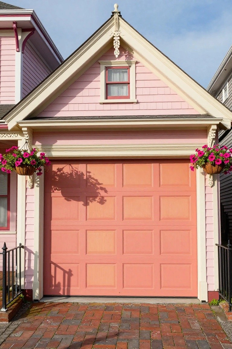 Cheerful peach garage door on a pink house with flower baskets and white trim