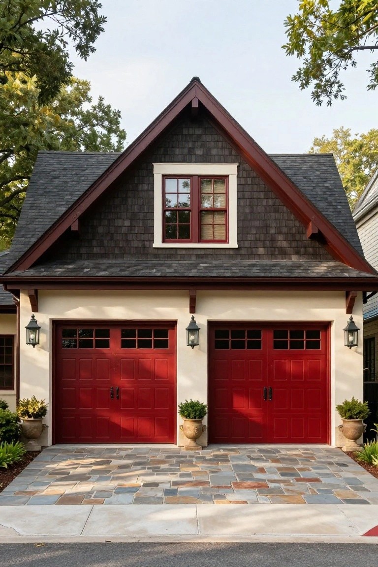 Garage with bold warm red doors on a creamy beige house under tree shade