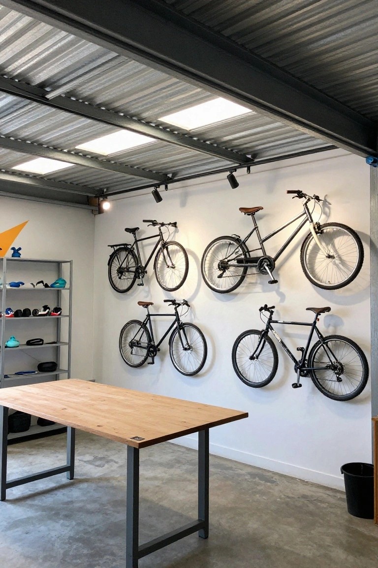 Garage with row of wall-mounted bikes under adjustable ceiling track lights and metal roof panels