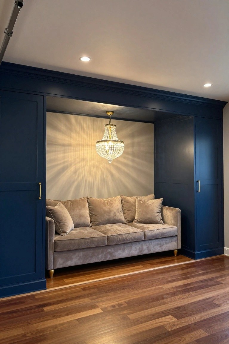 Navy blue built-in cabinets framing a gray velvet sofa under a sparkling crystal chandelier on wood floors
