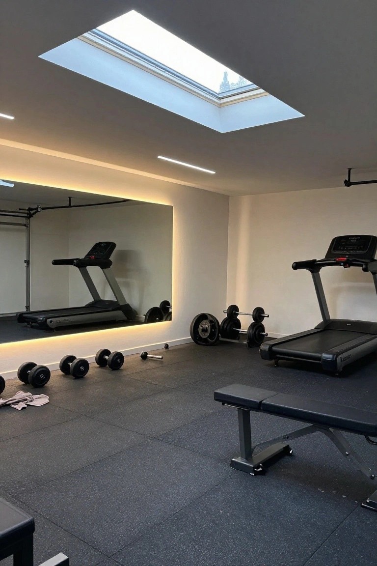 Modern home gym with two treadmills, dumbbells, weight bench, and skylight.