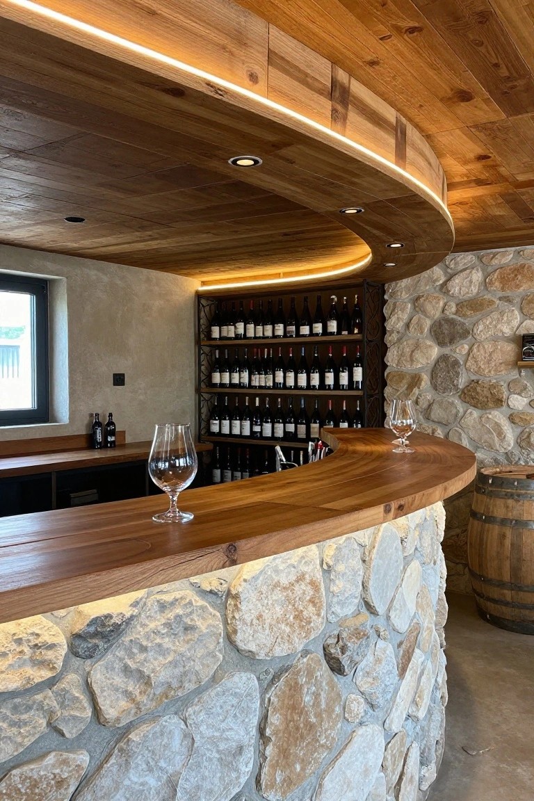 Warm LED strip lighting embedded along the curved edges of a wooden ceiling in a rustic home bar area with stone walls and wine racks