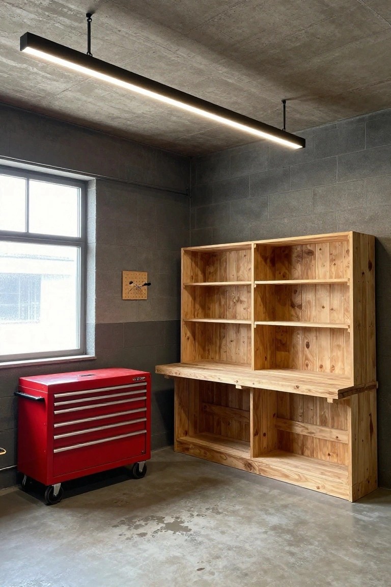 Garage workshop with slim linear LED ceiling light over wooden workbench, red toolbox, and open shelving in concrete space