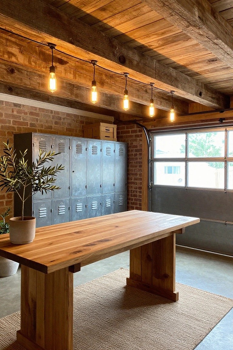 Rustic garage with exposed wood beam ceiling and black pendant lights hanging over a wooden table, next to brick walls and metal lockers