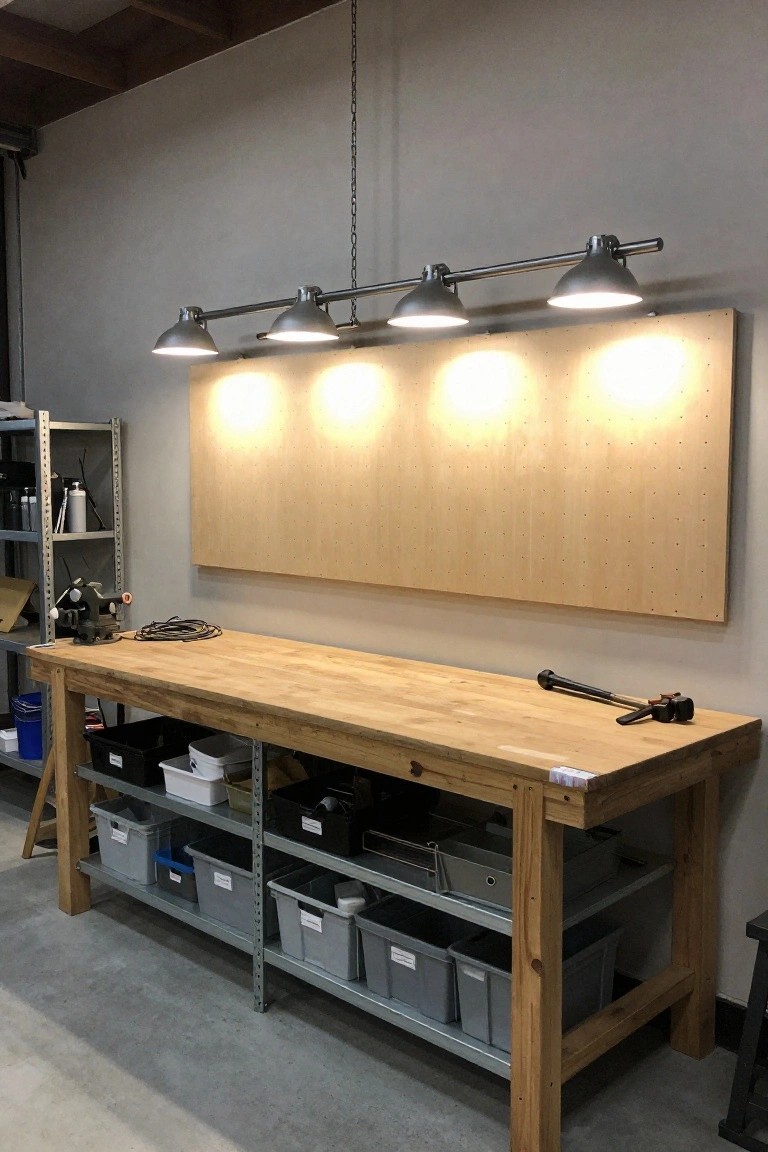 Row of four industrial pendant lights hanging over a wooden workbench in a garage workshop