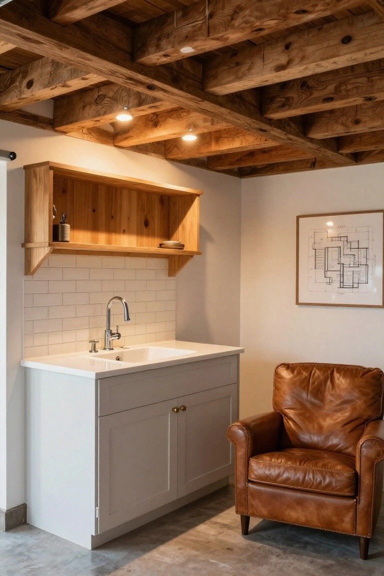 Exposed wood beam ceiling with recessed lights over a white sink cabinet, wooden shelves, and leather armchair in a garage utility space