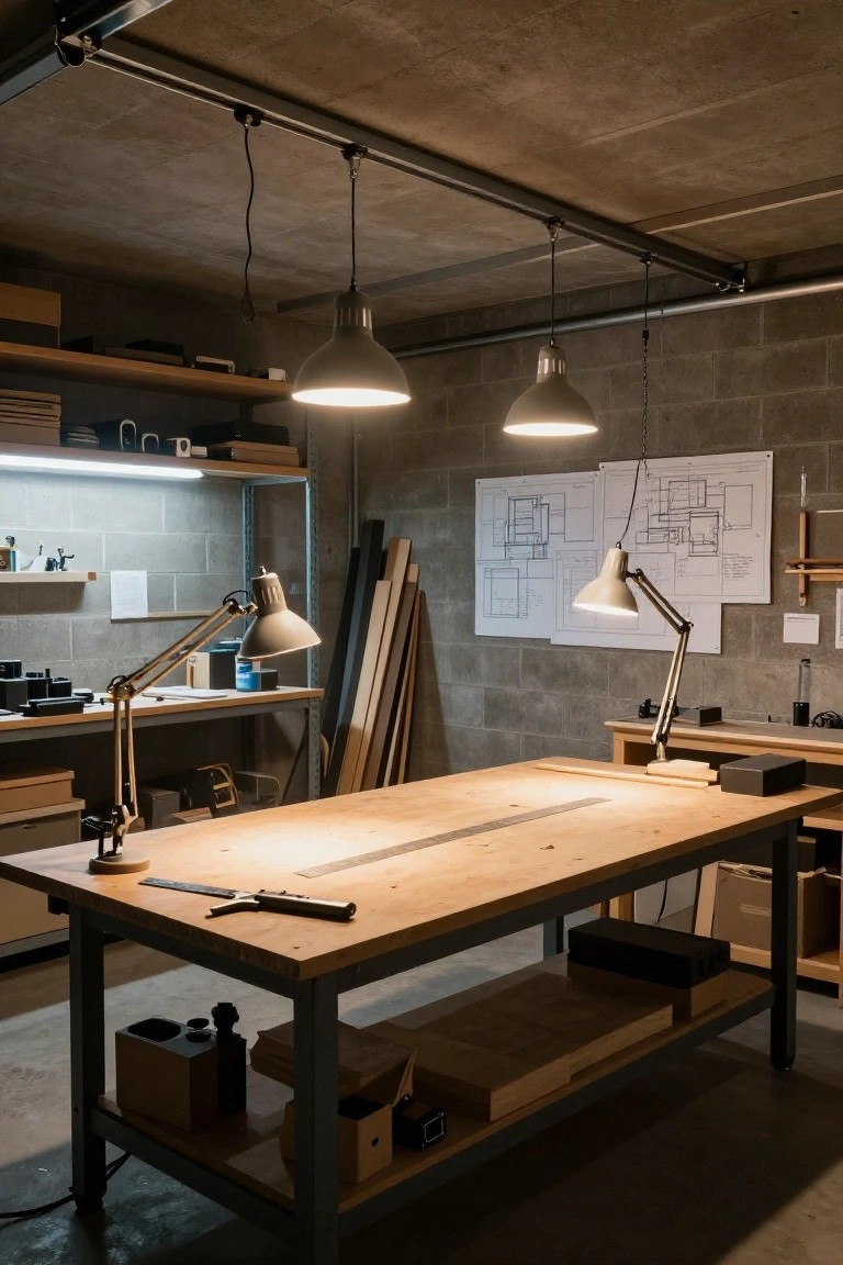 Garage workshop with track-mounted pendant lights hanging from exposed ceiling over wooden workbench