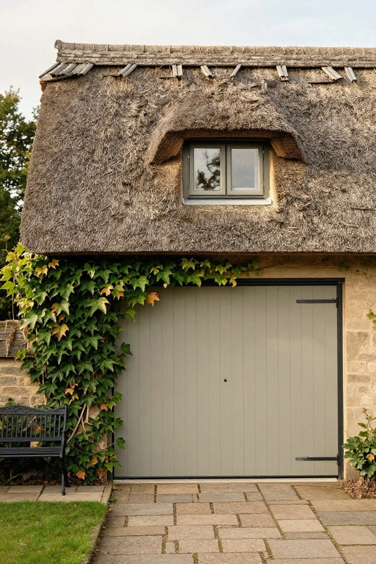Stone garage building with thatched roof overhang, small window, gray paneled wooden garage door, climbing ivy on the corner, bench nearby, and paved path.