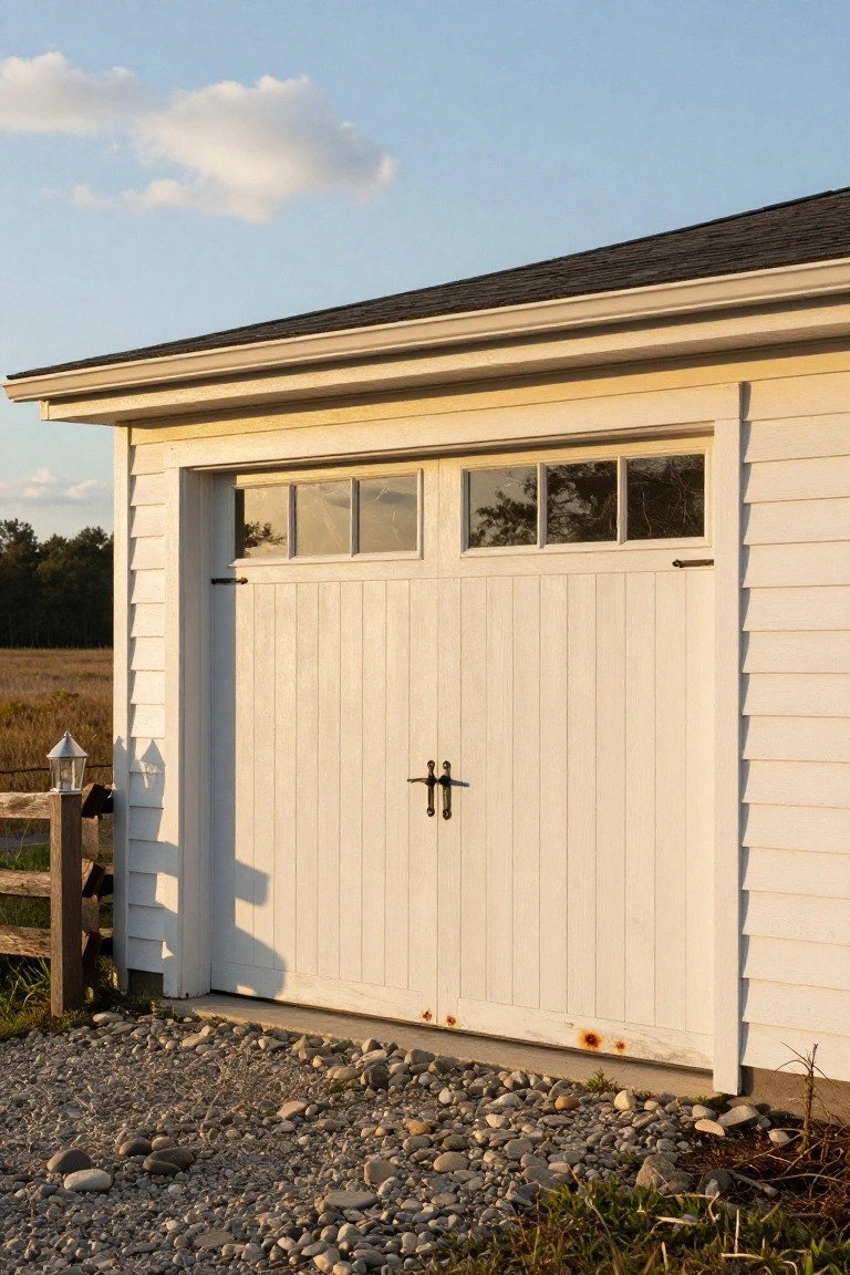 White clapboard garage with a tall white paneled garage door featuring four windows and black handles, next to a gravel driveway and split-rail fence in a rural field.