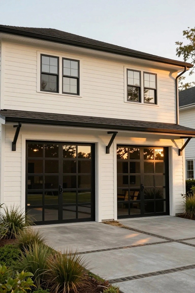 Modern two-story white house with black-framed glass garage doors.