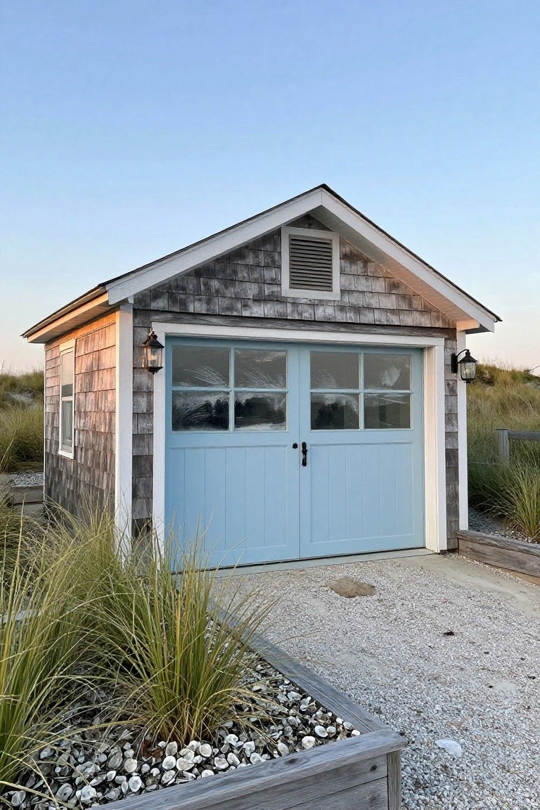 Small detached shingled garage with light blue paneled double doors, side lanterns, and beach grass landscaping on a gravel driveway.