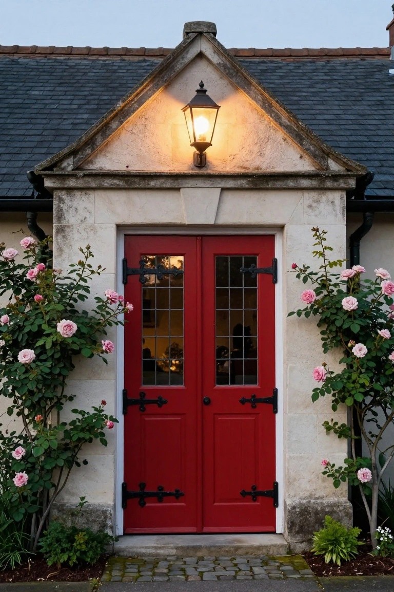 Stone arched entryway with red double doors featuring glass panels and black iron hardware, flanked by pink climbing roses, a lit lantern above, slate roof, and cobblestone path in front.