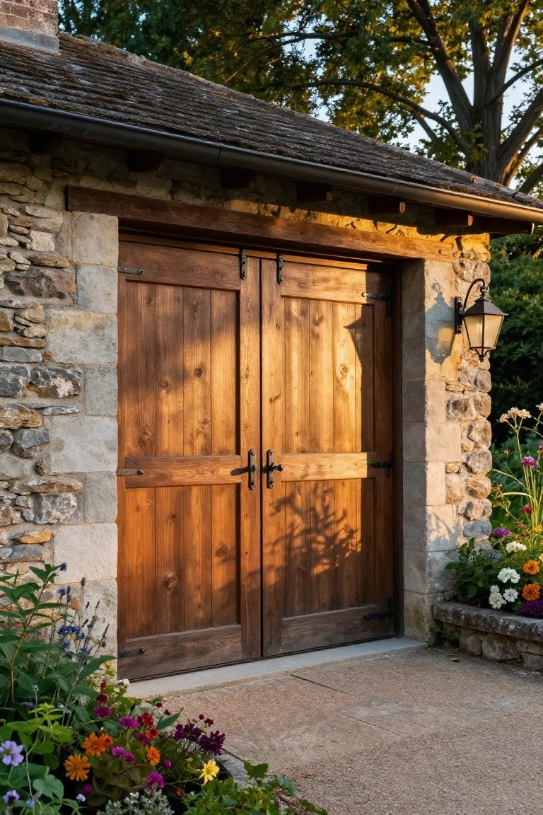 Detached garage with double wooden doors in a stone wall, iron hardware, hanging lantern lights, and flower beds on a concrete apron.