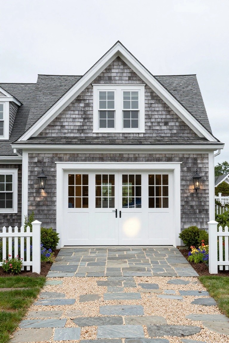 Gray shingle-clad two-car garage with large white paneled double doors featuring multiple window panes, flanked by black lanterns, stone paver walkway, low shrubs, flowers, and white picket fence.