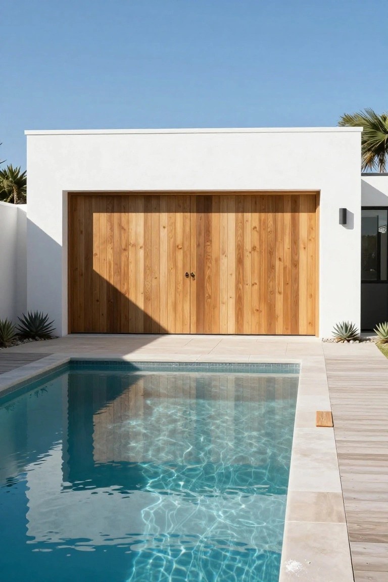 Modern white stucco house exterior with large vertical-plank wooden garage doors next to a rectangular turquoise pool edged in stone and wood decking, with palm trees and agave plants nearby.