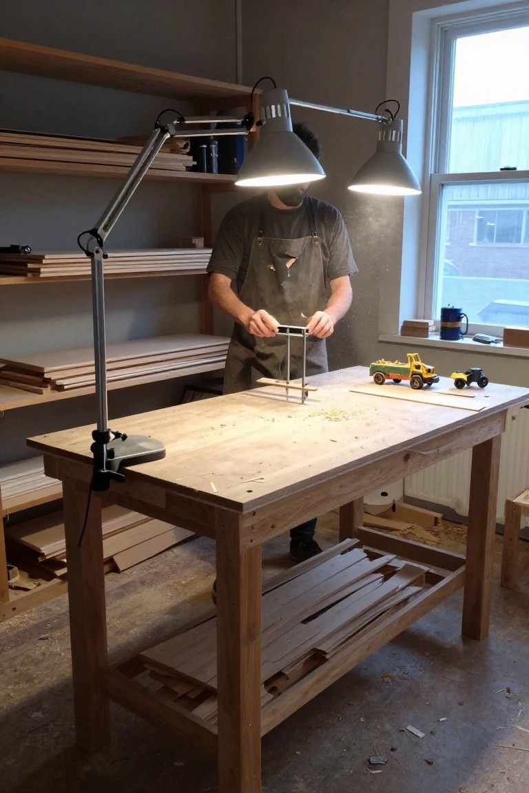 Dual adjustable gooseneck lamps clamped over a wooden workbench in a garage workshop