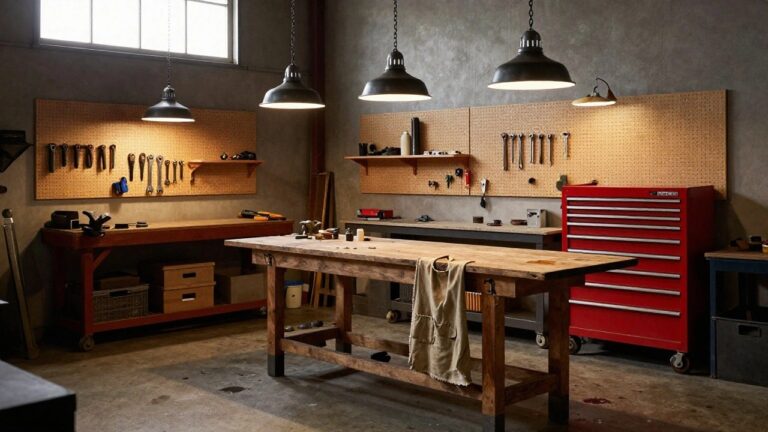 Oversized pendant lights hanging over a wooden workbench in an industrial garage workshop