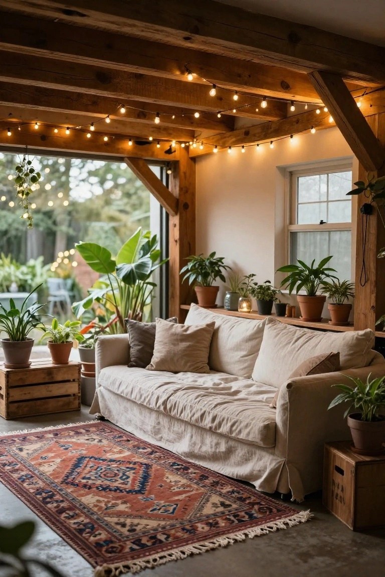Garage lounge with string lights draped from wooden beams, plants, sofa, and rug