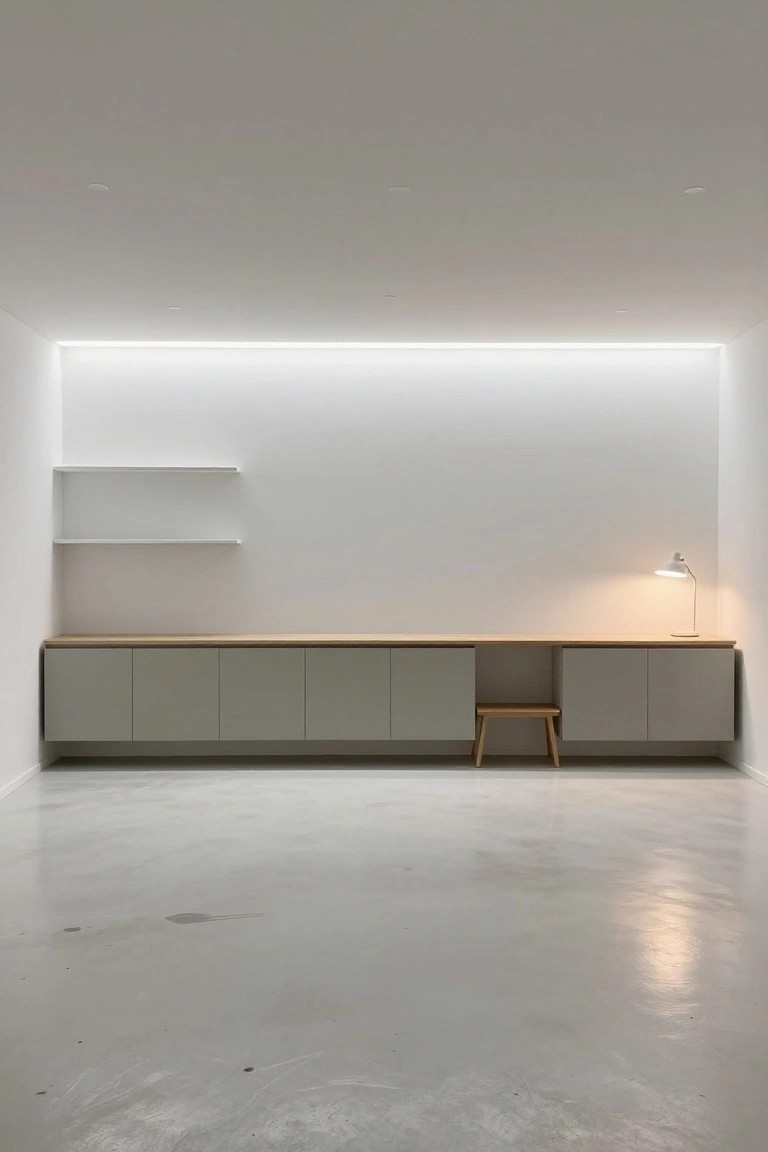 Minimalist garage with continuous LED strip lighting above long gray cabinet counter and wood stool on polished floor