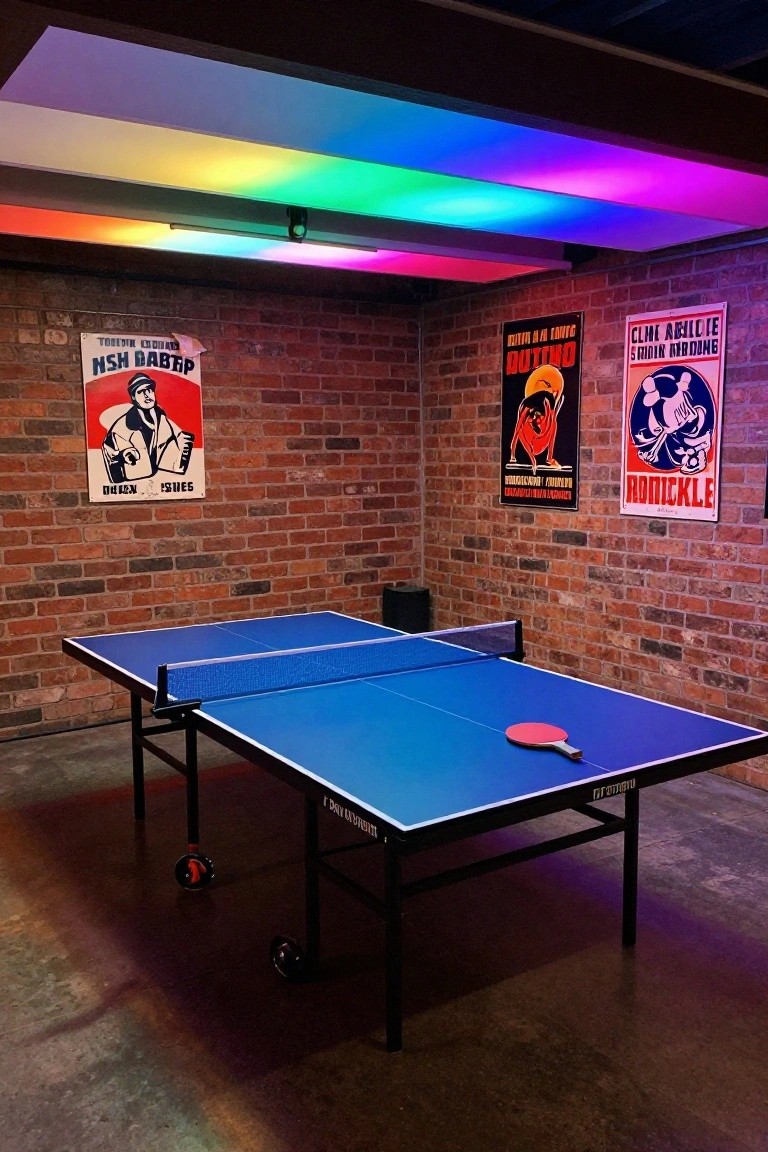 Garage rec room with blue ping pong table under rainbow LED ceiling strips and brick walls with posters