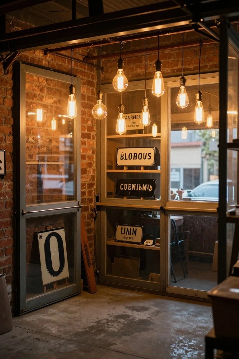 Garage entrance lit by multiple hanging pendant lights with exposed bulbs against brick walls