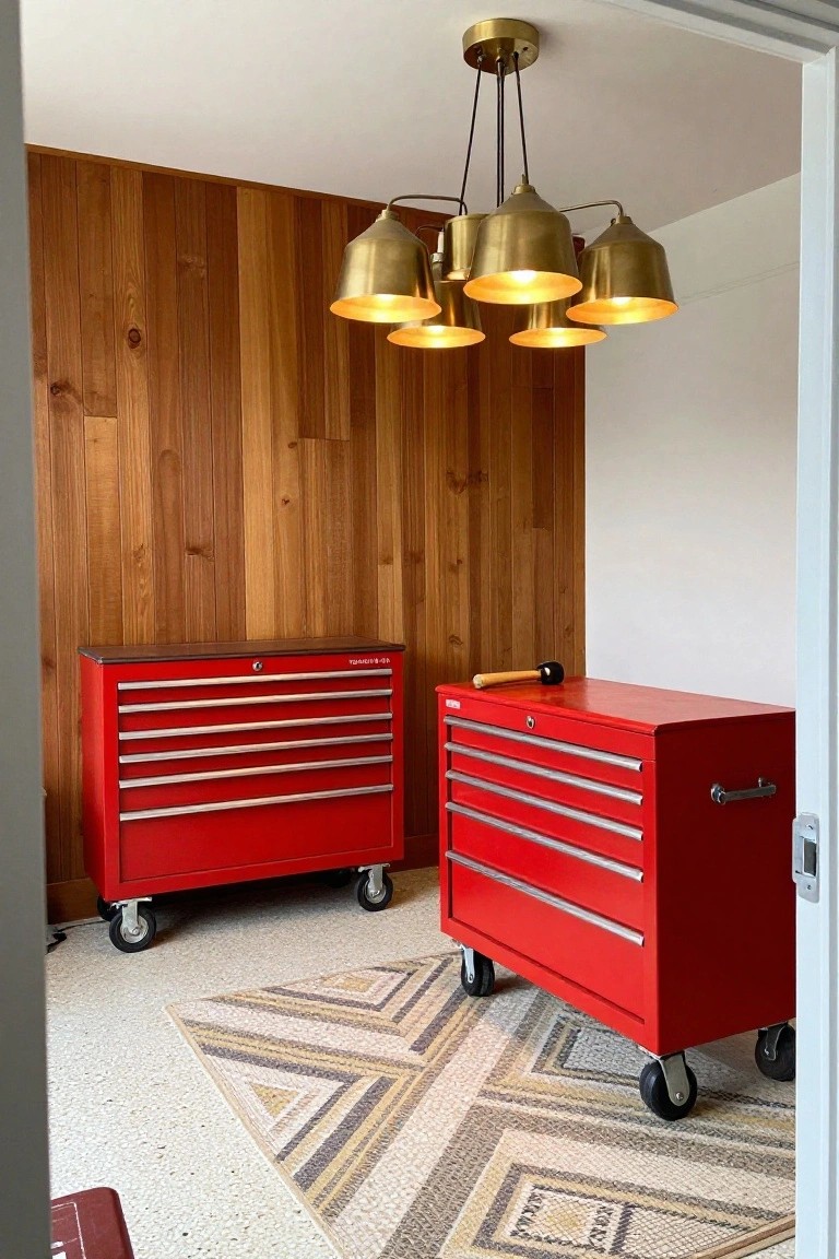 Brass five-shade chandelier lighting red tool cabinets and wood-paneled wall in a home garage space