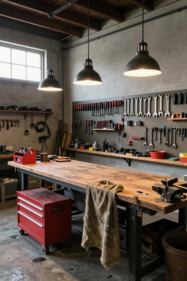 Oversized pendant lights hanging over a wooden workbench in an industrial garage workshop